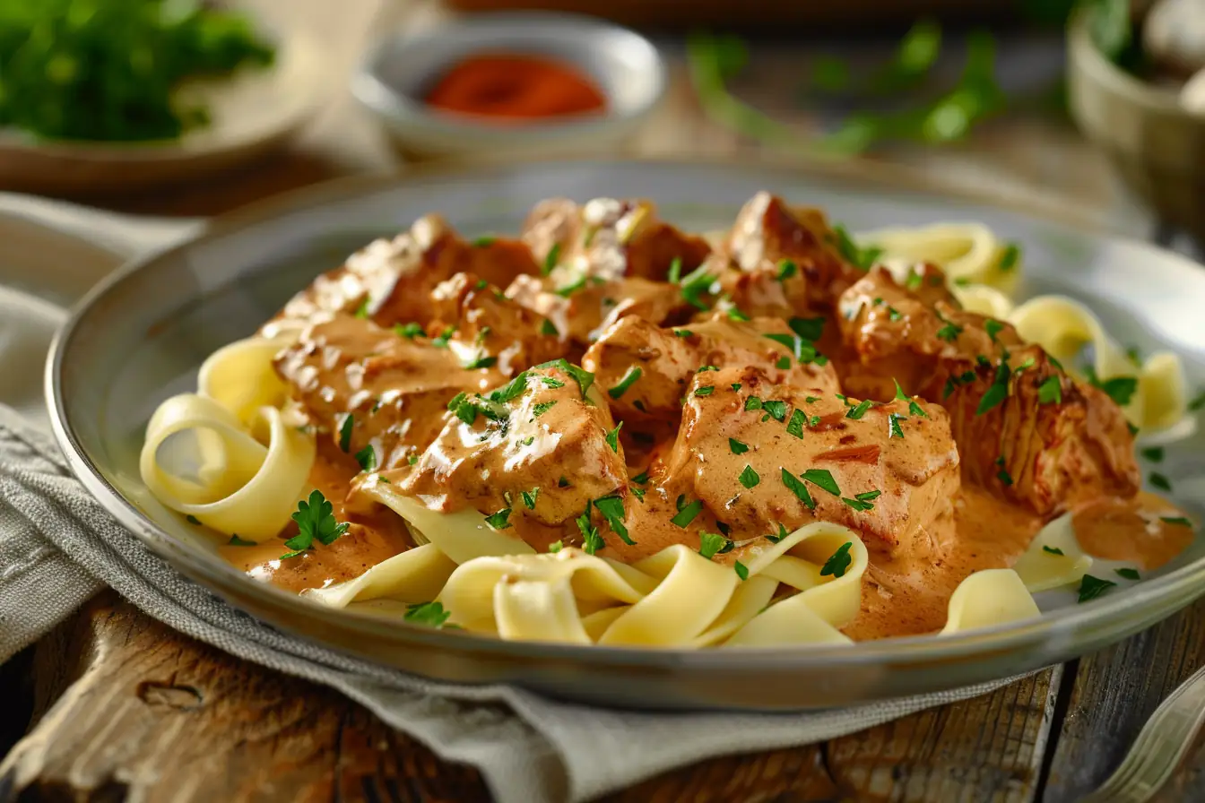 Plate of beef stroganoff without mushrooms, garnished with parsley and served over egg noodles