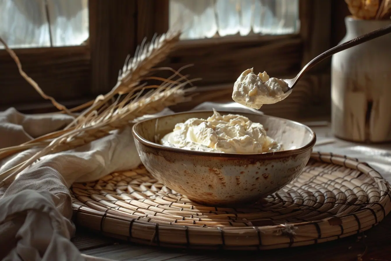 A bowl of sour cream on a wooden table, showcasing the traditional ingredient often used in stroganoff, related to the topic what is the best substitute for sour cream in stroganoff