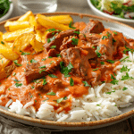 Brazilian Beef Stroganoff with beef, creamy sauce, rice, and potato sticks