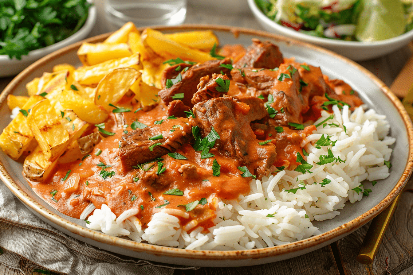 Brazilian Beef Stroganoff with beef, creamy sauce, rice, and potato sticks