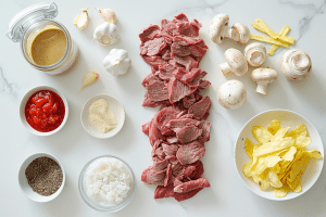 Ingredients for Brazilian Beef Stroganoff including beef, mushrooms, and cream