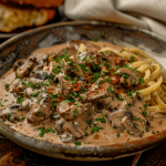 Classic beef stroganoff in a creamy mushroom sauce served over egg noodles, garnished with fresh parsley