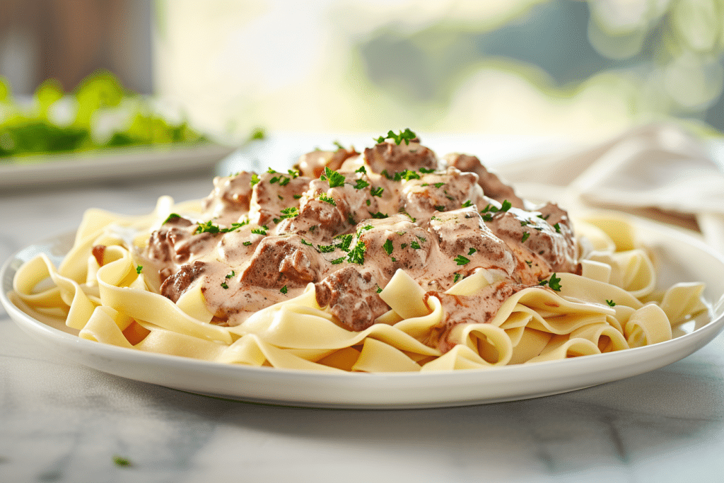 A creamy bowl of homemade Hamburger Helper beef stroganoff topped with fresh parsley